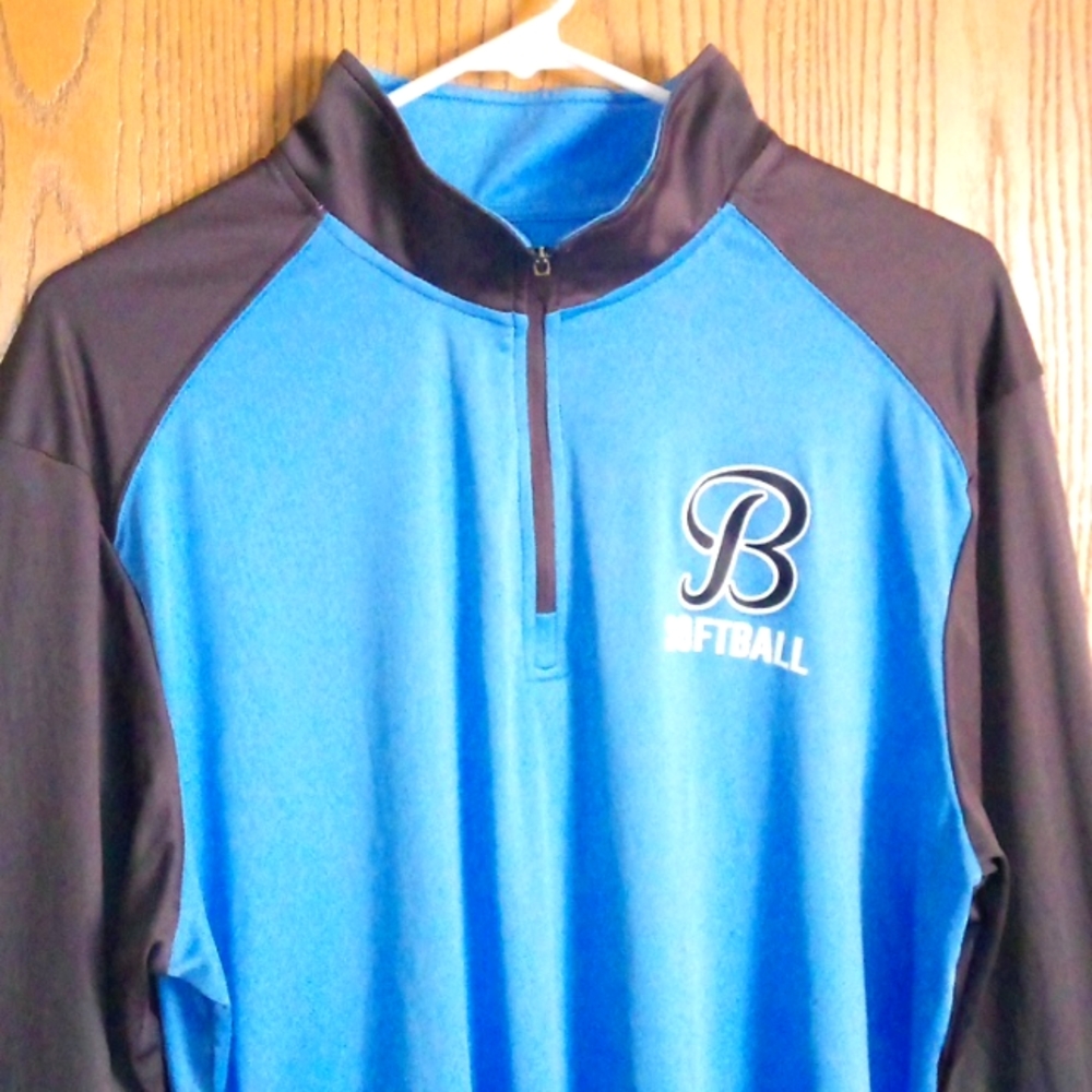 "B" Blue/gray long 1/4 zip-up w/ (Baseball logo) thumb CUT out sleeve SIZE: 2XL - Picture 2 of 6